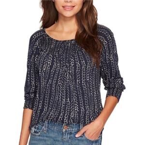 Lucky Brand Womens Smocked Cotton Blouse in Navy and White Sz L |‎ Boho Neutral